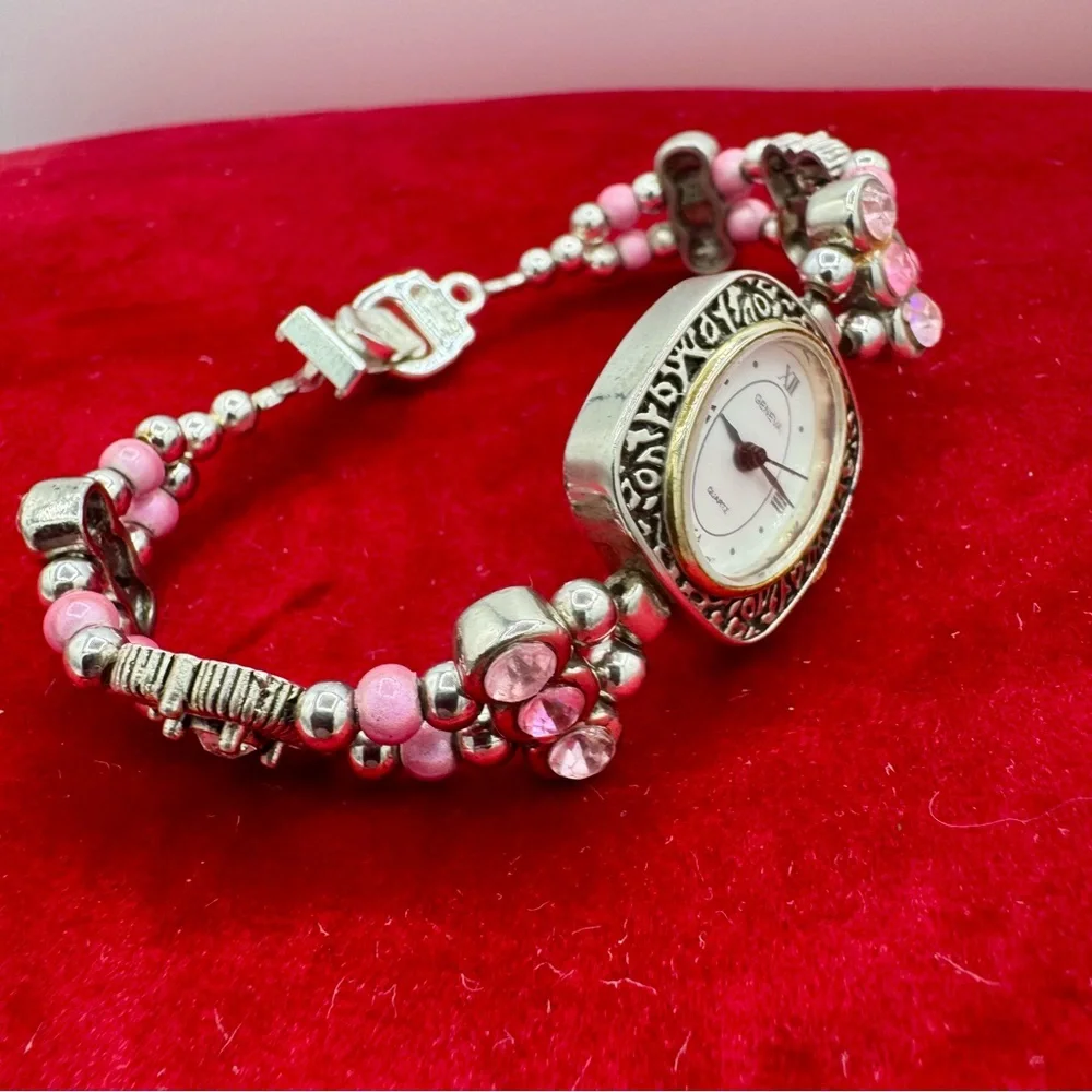 Y2K Geneva‎ Pink Rhinestone Bracelet Quartz Watch Coquette Boho Statement